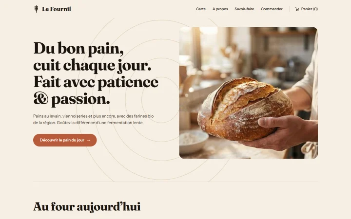 Exemple de site : Le Fournil, boulangerie, « Du bon pain, cuit chaque jour ».