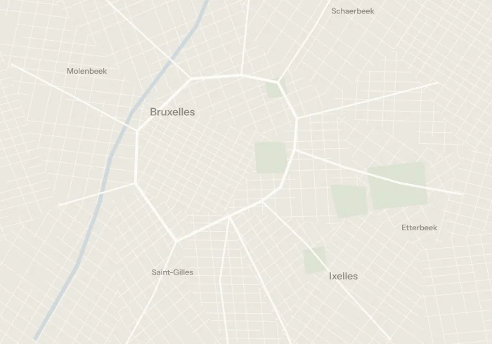 Plan stylisé de Bruxelles : le centre, Ixelles, Saint-Gilles, Etterbeek, Schaerbeek et Molenbeek.