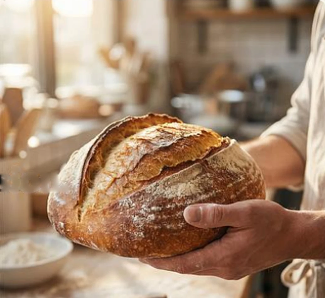 Un boulanger tient une miche de pain au levain dorée, dans le fournil.