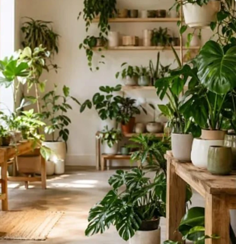 L’intérieur lumineux de la boutique : des plantes vertes sur des étagères et des tables en bois.